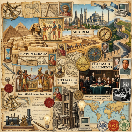 Collage labeled Silk Road, Egypt & Eurasia, Technology Through Time, and Diplomatic Agreements