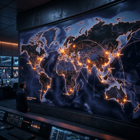 Glowing world map displays global routes, cities, and illuminated network hubs