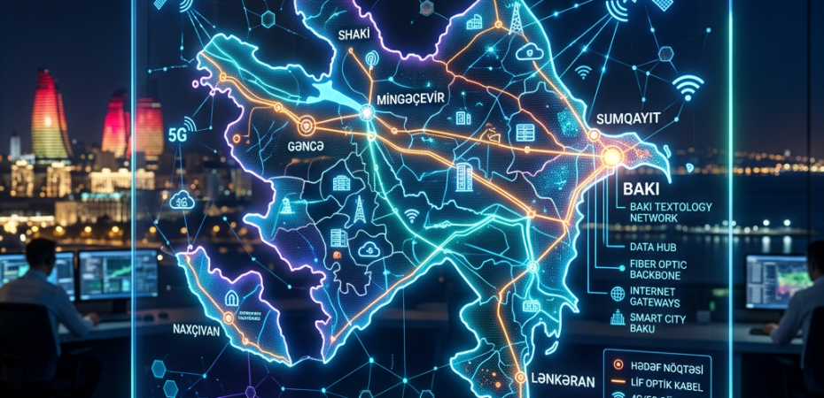 Glowing Azerbaijan technology network map with labeled cities and digital infrastructure