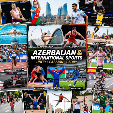 Sports collage reading “AZERBAIJAN & INTERNATIONAL SPORTS,” “UNITY • PASSION • GLORY,” with labels Sabalenka, Dressel, Garay Bayramova, Haji Aliyev, LeBron James, High Jumper, Sha’Carri Richardson, Messi, Baku City Circuit, Hidayat Heydarov, and Mahir Emreli.
