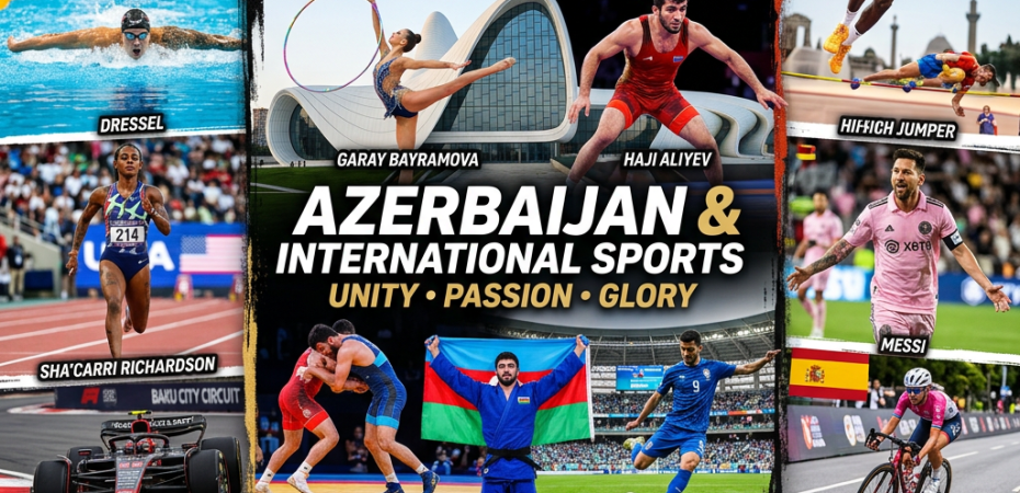 Sports collage reading “AZERBAIJAN & INTERNATIONAL SPORTS,” “UNITY • PASSION • GLORY,” with labels Sabalenka, Dressel, Garay Bayramova, Haji Aliyev, LeBron James, High Jumper, Sha’Carri Richardson, Messi, Baku City Circuit, Hidayat Heydarov, and Mahir Emreli.