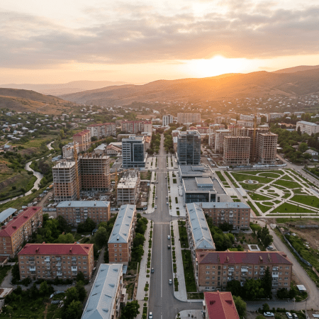 Aerial view of a city district with mountains at sunset