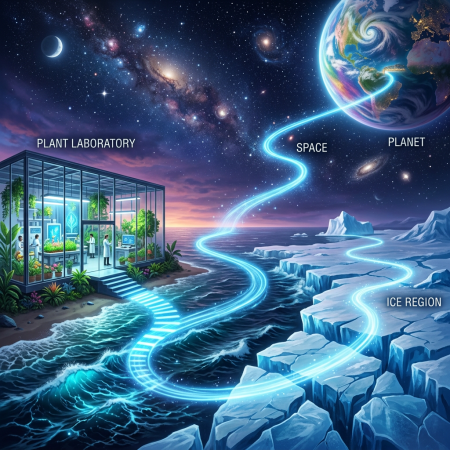 Plant Laboratory, Space, Planet, and Ice Region connected by luminous path