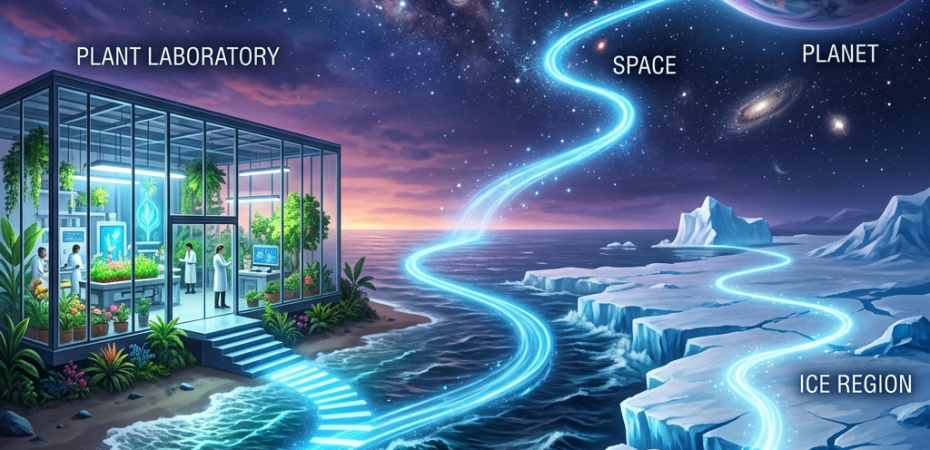 Plant Laboratory, Space, Planet, and Ice Region connected by luminous path