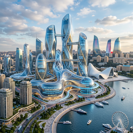 Futuristic Baku skyline with towers, waterfront, roads, boats, and ferris wheel