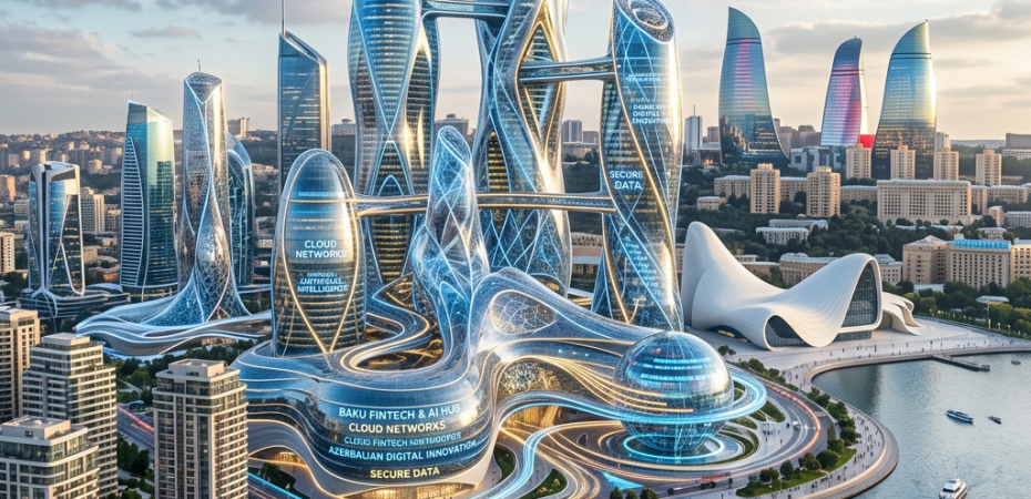 Futuristic Baku skyline with towers, waterfront, roads, boats, and ferris wheel