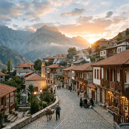 Stone mountain village with sunset, red roofs, and people on a cobbled street