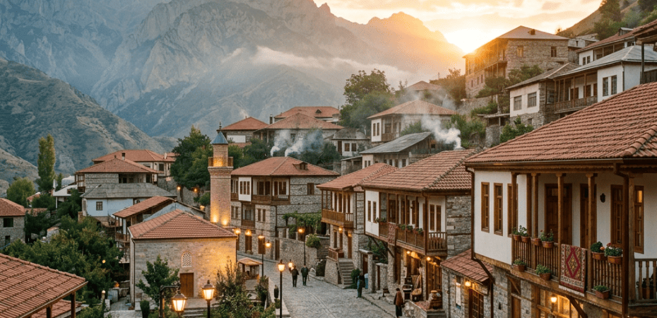 Stone mountain village with sunset, red roofs, and people on a cobbled street
