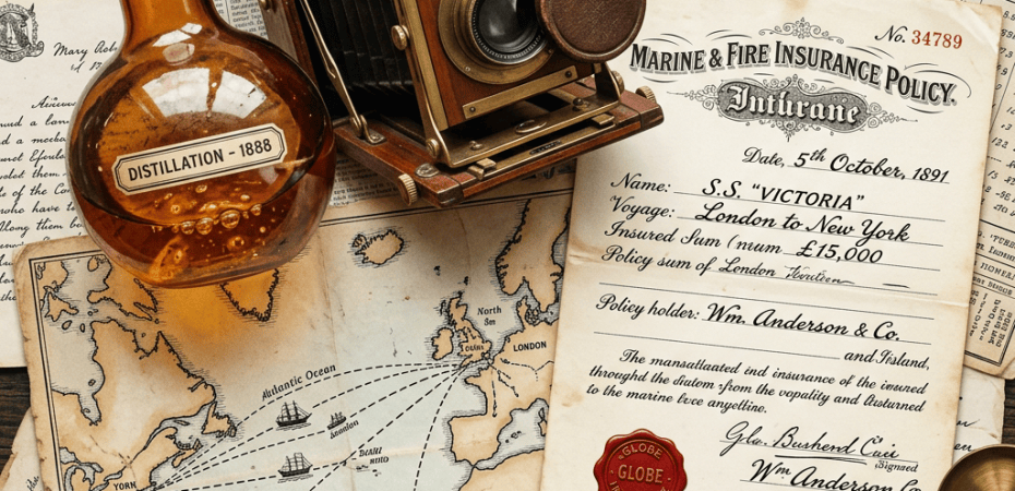 Vintage camera beside an 1891 transatlantic voyage map and insurance policy