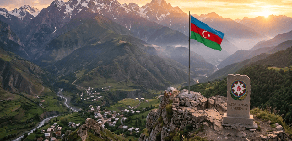 Azerbaijan flag and monument overlooking a mountain village at sunset