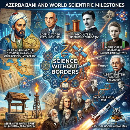 Science Without Borders collage featuring Azerbaijani and global scientific milestones