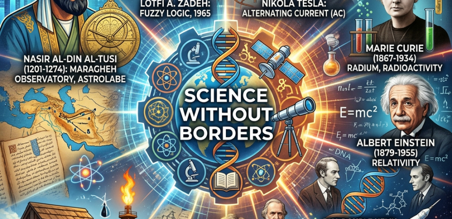 Science Without Borders collage featuring Azerbaijani and global scientific milestones