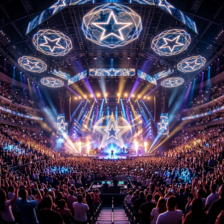 Packed concert arena with star screens, colorful lights, pyrotechnics, and performer