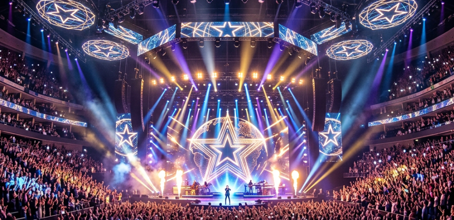 Packed concert arena with star screens, colorful lights, pyrotechnics, and performer