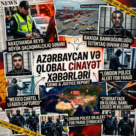 Crime and justice collage with Azerbaijani headlines, police, suspects, cargo port, crime tape, and world map