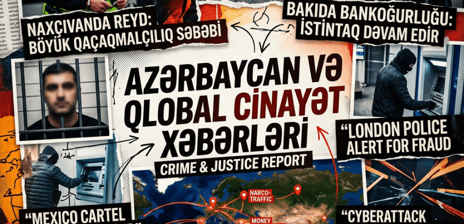 Crime and justice collage with Azerbaijani headlines, police, suspects, cargo port, crime tape, and world map