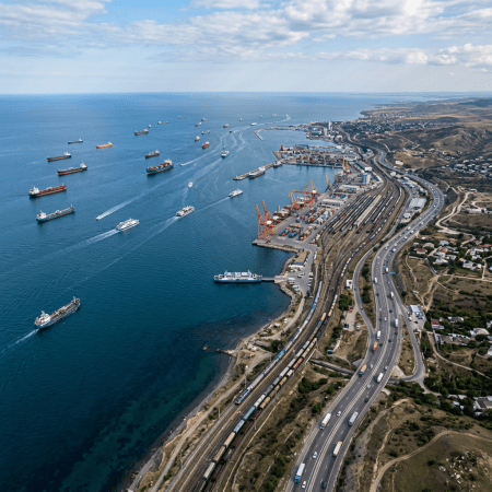 Aerial view of a coastal port with ships, cranes, railways, and highways