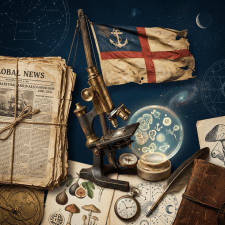 Vintage Global News maritime newspaper beside a microscope and weathered naval flag