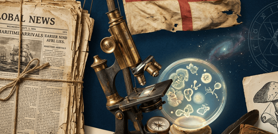 Vintage Global News maritime newspaper beside a microscope and weathered naval flag