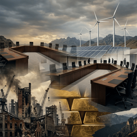 Boardroom, wind turbines, solar panels, industrial ruins, gold bars, and mountains