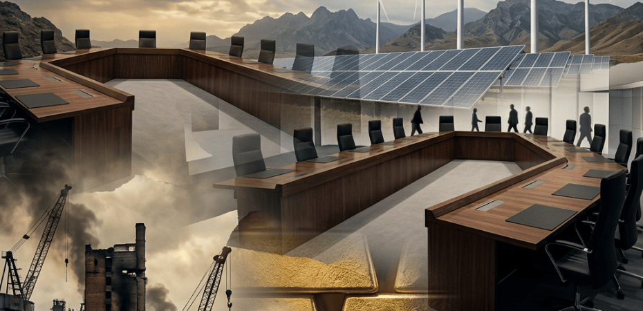 Boardroom, wind turbines, solar panels, industrial ruins, gold bars, and mountains