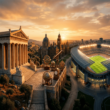 Classical temple, historic buildings, scientific instruments, and football stadium at sunset