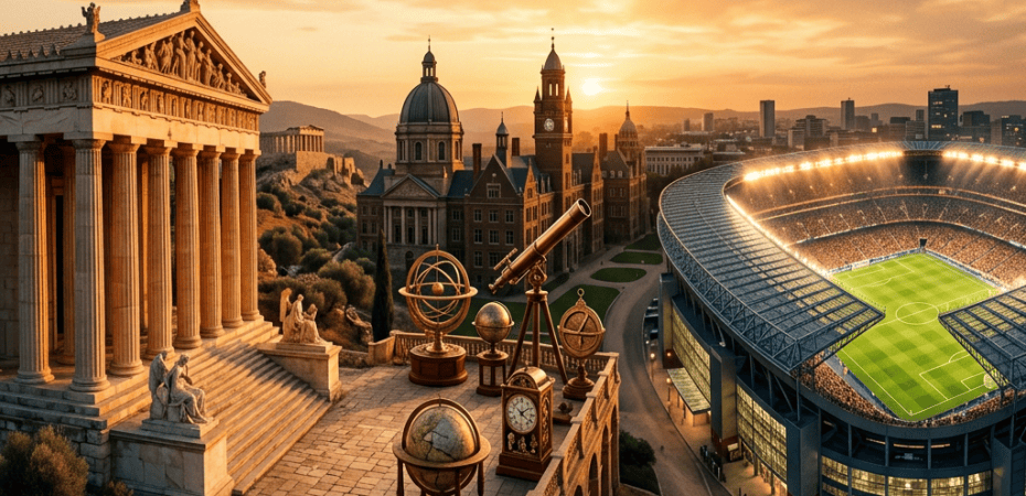 Classical temple, historic buildings, scientific instruments, and football stadium at sunset