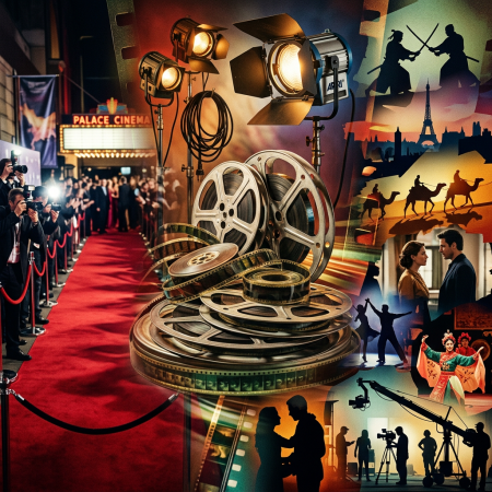 Film reels, studio lights, Palace Cinema sign, ARRI equipment, and cinematic silhouettes