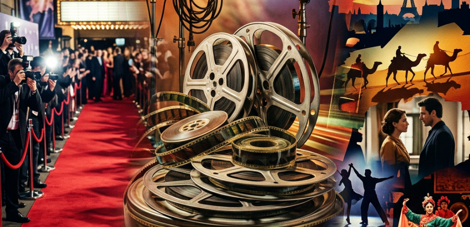 Film reels, studio lights, Palace Cinema sign, ARRI equipment, and cinematic silhouettes