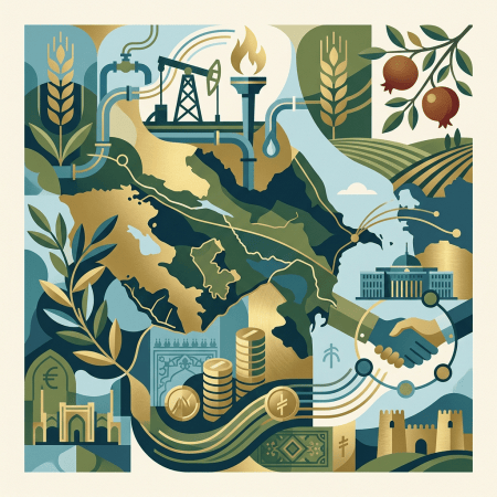 Illustrated map linking agriculture, oil, finance, trade, and cultural heritage