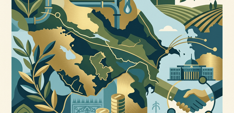 Illustrated map linking agriculture, oil, finance, trade, and cultural heritage