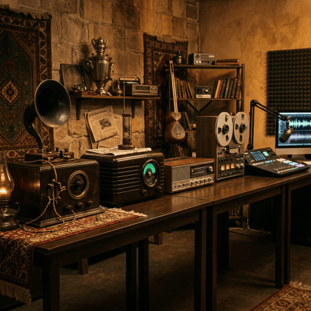 Vintage audio equipment and modern recording gear arranged in a warmly lit studio