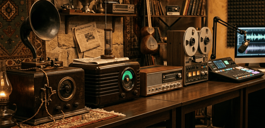 Vintage audio equipment and modern recording gear arranged in a warmly lit studio