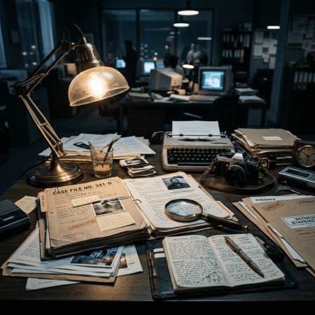 Detective desk with case files, evidence folders, typewriter, camera, and magnifying glass