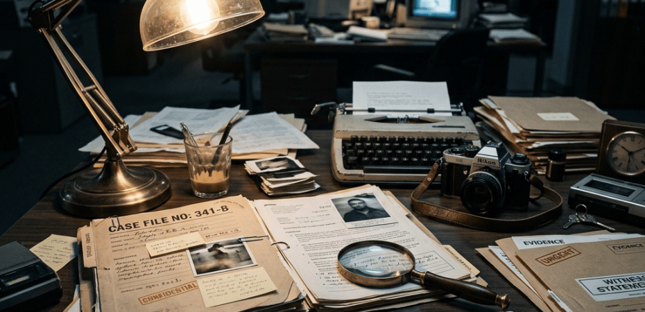 Detective desk with case files, evidence folders, typewriter, camera, and magnifying glass