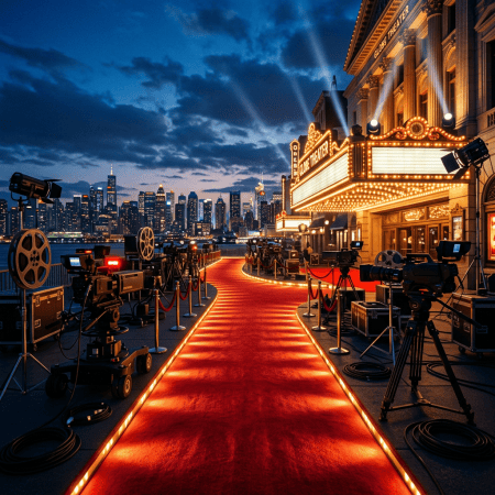 Red carpet outside the Globe Theater overlooking a city skyline