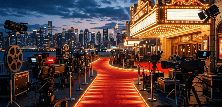 Red carpet outside the Globe Theater overlooking a city skyline