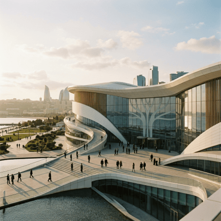 Curved modern waterfront building with Baku skyline and pedestrians
