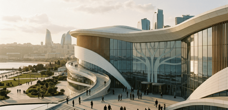 Curved modern waterfront building with Baku skyline and pedestrians