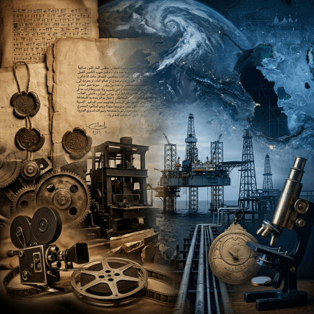 Collage of Arabic manuscripts, gears, film equipment, oil platforms, and microscope