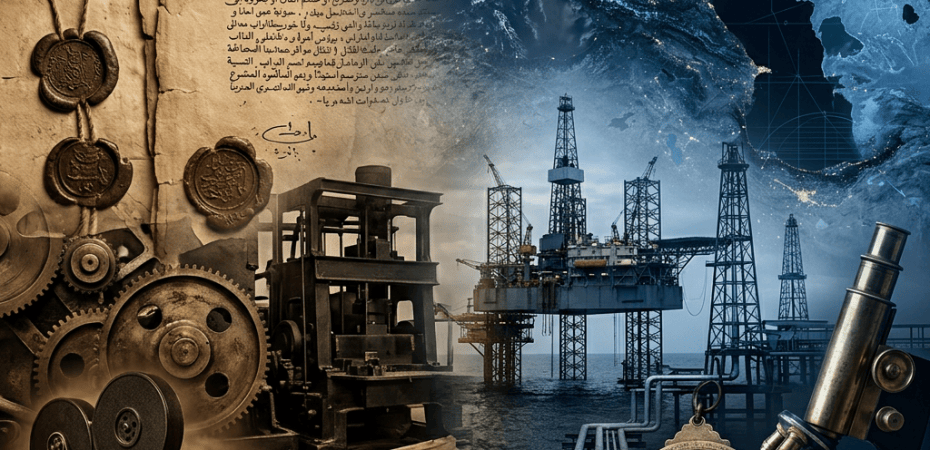 Collage of Arabic manuscripts, gears, film equipment, oil platforms, and microscope