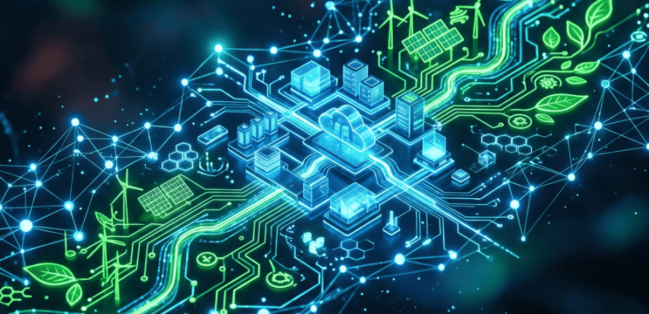 Digital network connecting cloud computing, data centers, renewable energy, and environmental technology
