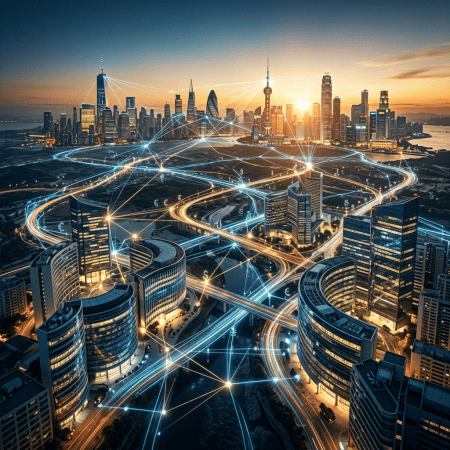Futuristic city skyline with glowing financial and transportation networks