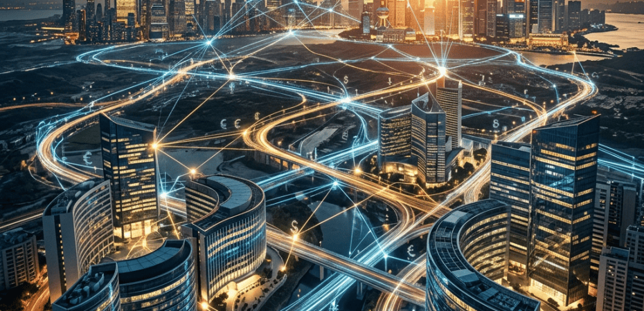 Futuristic city skyline with glowing financial and transportation networks