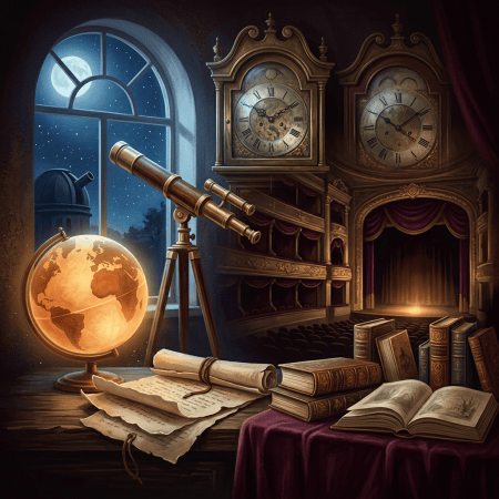 Moonlit study with telescope, glowing globe, antique clocks, and open books
