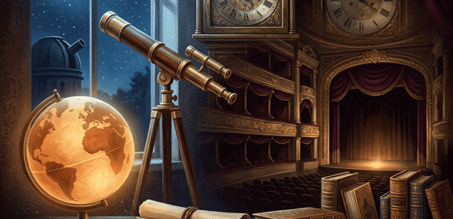 Moonlit study with telescope, glowing globe, antique clocks, and open books