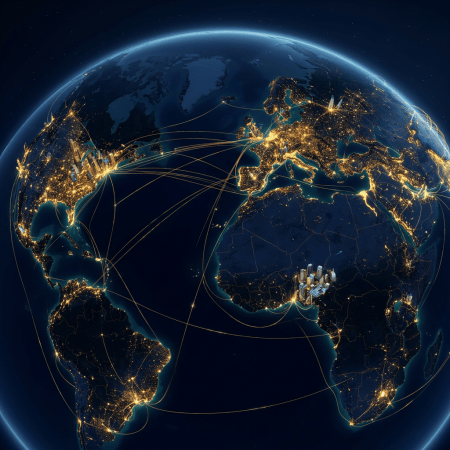Nighttime Earth showing illuminated cities and global connection routes