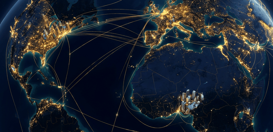 Nighttime Earth showing illuminated cities and global connection routes