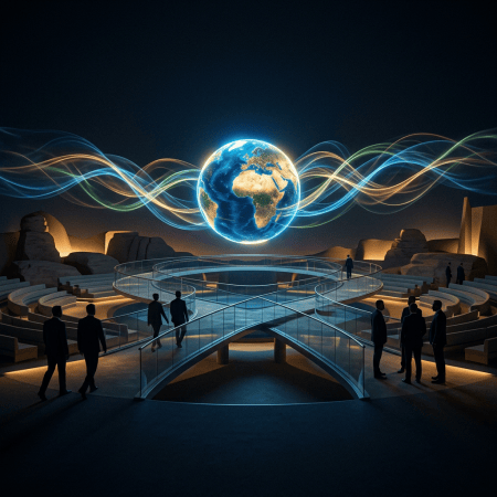 Glowing Earth above a futuristic pavilion with visitors and flowing colored lines