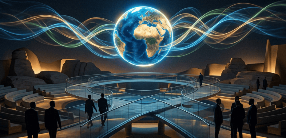 Glowing Earth above a futuristic pavilion with visitors and flowing colored lines